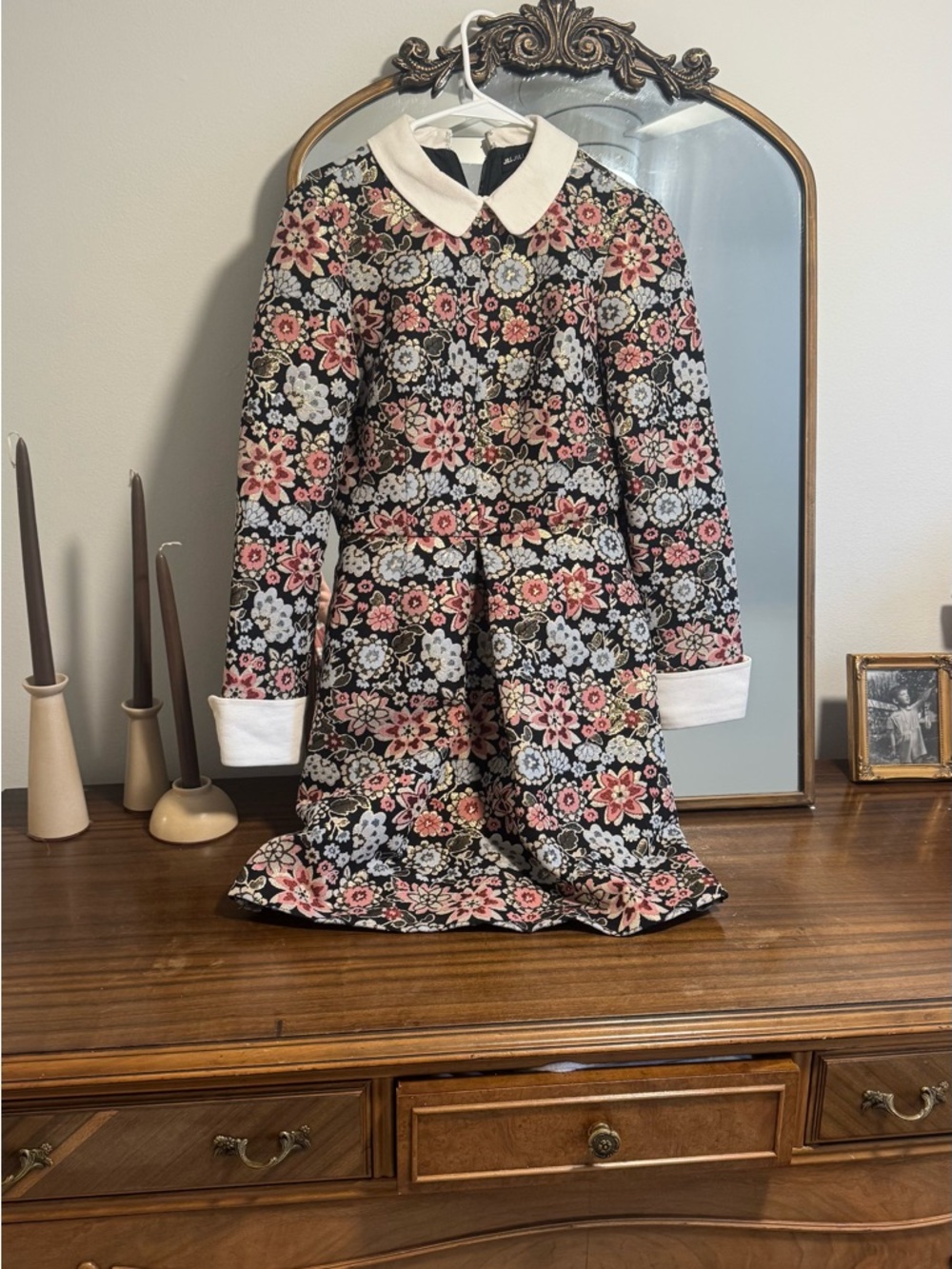 Jill Stuart Black Floral Jacquard Dress with Cream Peter Pan Collar